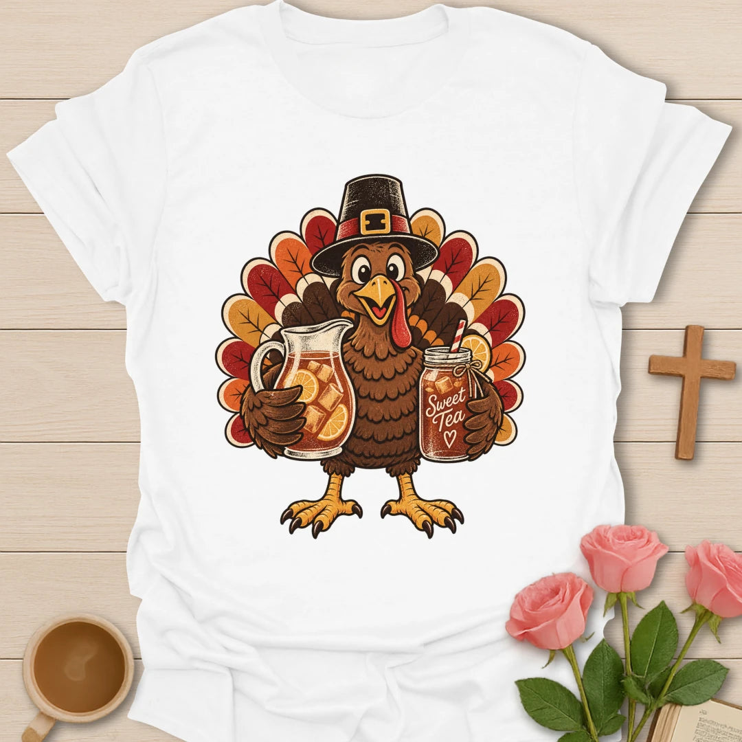 Turkey Sweet Tea t-shirt with Thanksgiving turkey and sweet tea faith design - White