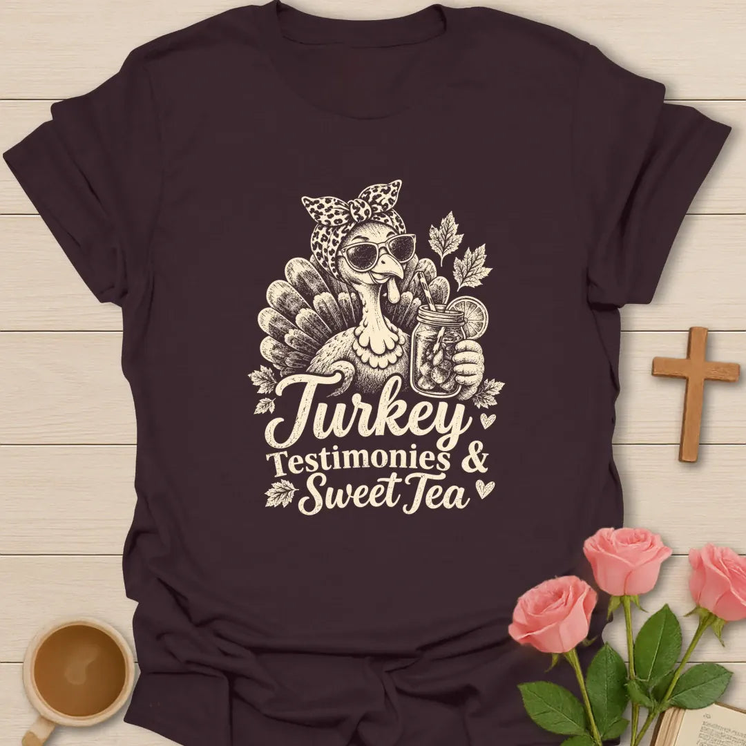 Turkey Sweet Tea and Testimonies Thanksgiving t-shirt with playful lettering and faith-inspired design - Dark Chocolate