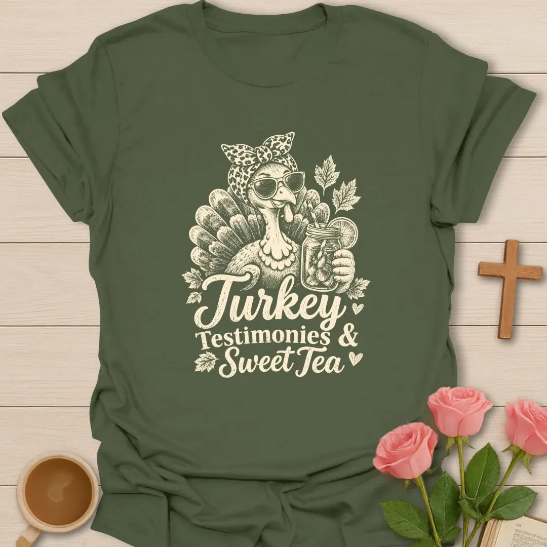 Turkey Sweet Tea and Testimonies Thanksgiving t-shirt with playful lettering and faith-inspired design - Military Green