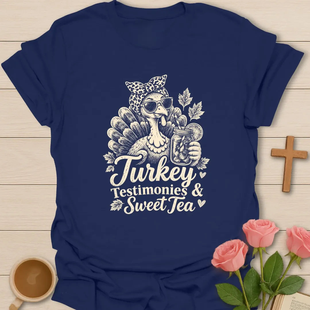 Turkey Sweet Tea and Testimonies Thanksgiving t-shirt with playful lettering and faith-inspired design - Navy