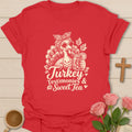 Turkey Sweet Tea and Testimonies Thanksgiving t-shirt with playful lettering and faith-inspired design - Red