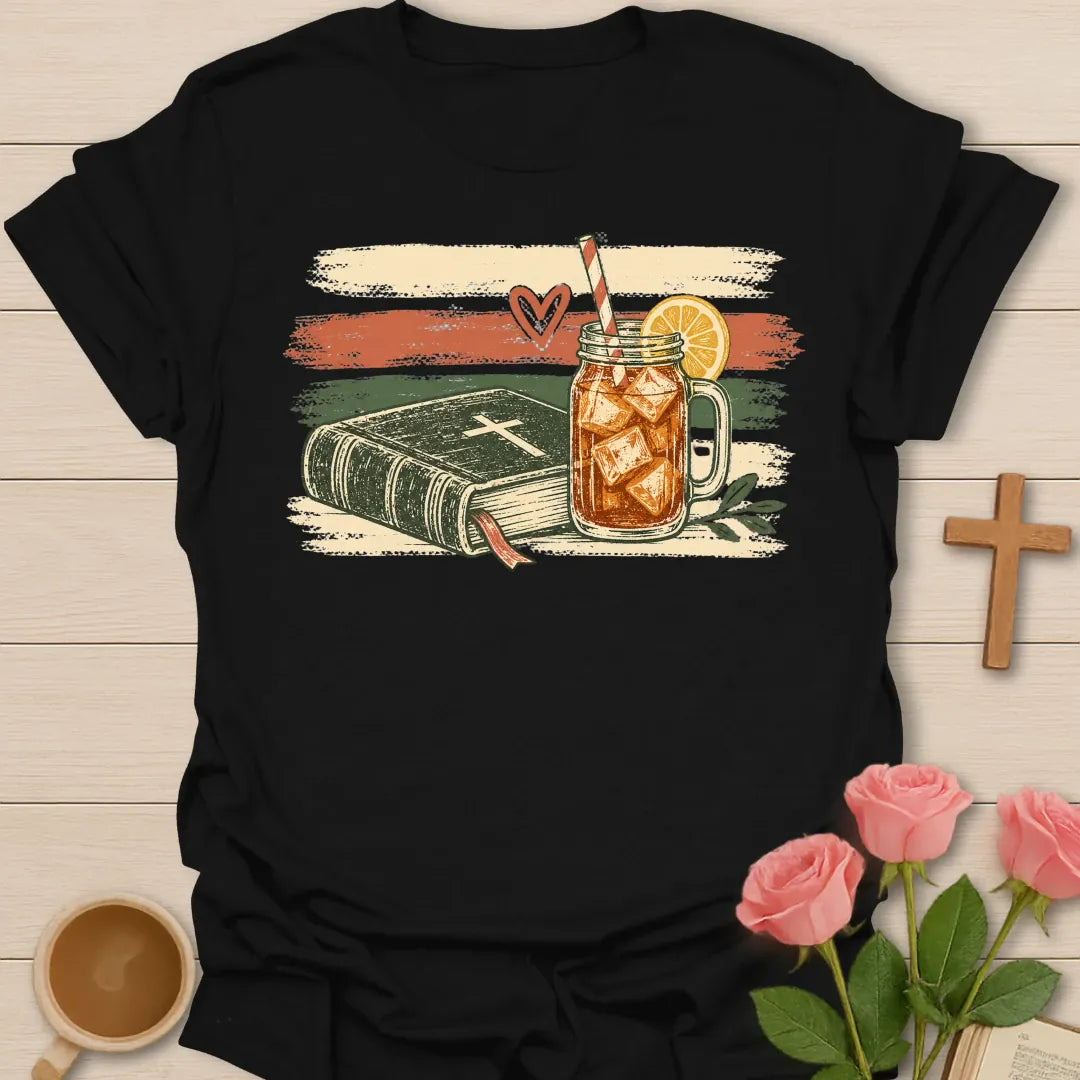 Vintage Holy Bible Sweet Tea t-shirt with a Bible marked with a cross and a mason jar of iced tea over retro cream and coral brushstroke stripes - Black