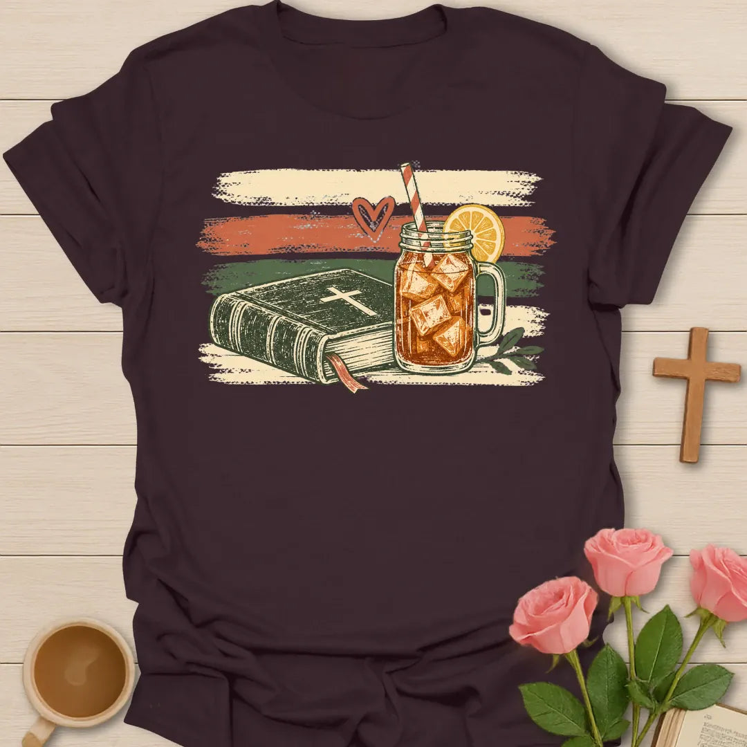 Vintage Holy Bible Sweet Tea t-shirt with a Bible marked with a cross and a mason jar of iced tea over retro cream and coral brushstroke stripes - Dark Chocolate