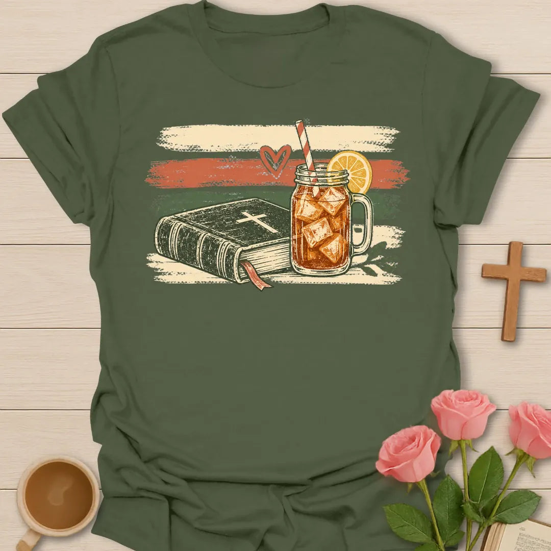 Vintage Holy Bible Sweet Tea t-shirt with a Bible marked with a cross and a mason jar of iced tea over retro cream and coral brushstroke stripes - Military Green