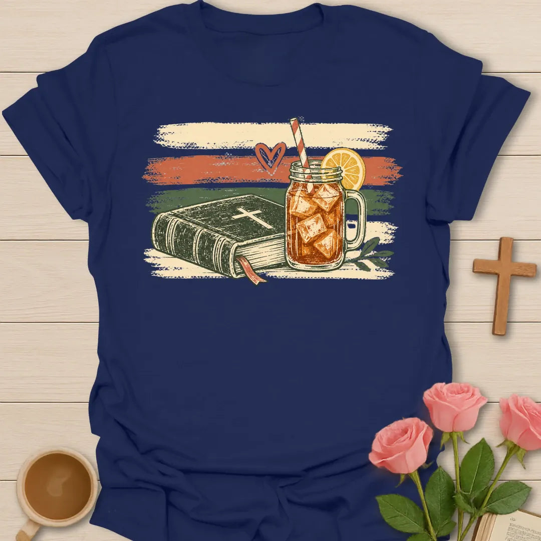 Vintage Holy Bible Sweet Tea t-shirt with a Bible marked with a cross and a mason jar of iced tea over retro cream and coral brushstroke stripes - Navy