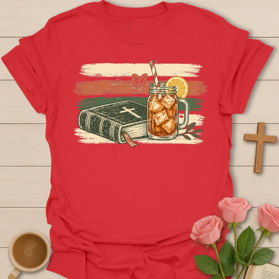 Vintage Holy Bible Sweet Tea t-shirt with a Bible marked with a cross and a mason jar of iced tea over retro cream and coral brushstroke stripes - Red