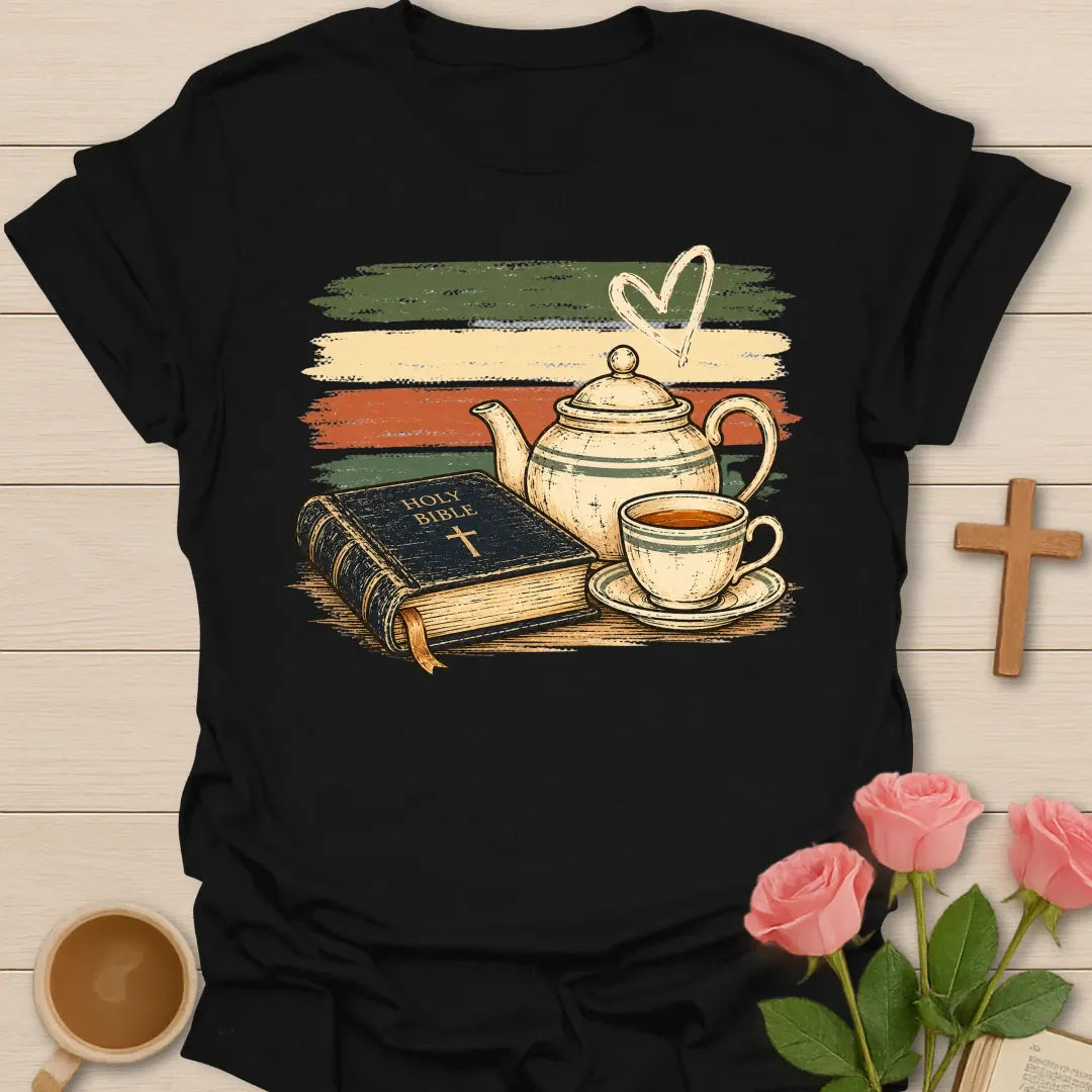Vintage Holy Bible Tea t-shirt with a Holy Bible, a cream teapot and a cup of tea over retro green, cream and coral brushstroke stripes - Black
