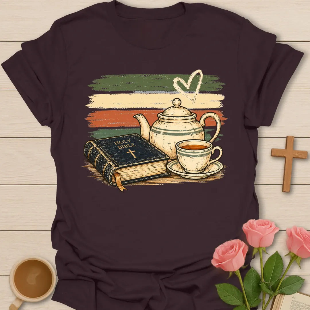 Vintage Holy Bible Tea t-shirt with a Holy Bible, a cream teapot and a cup of tea over retro green, cream and coral brushstroke stripes - Dark Chocolate