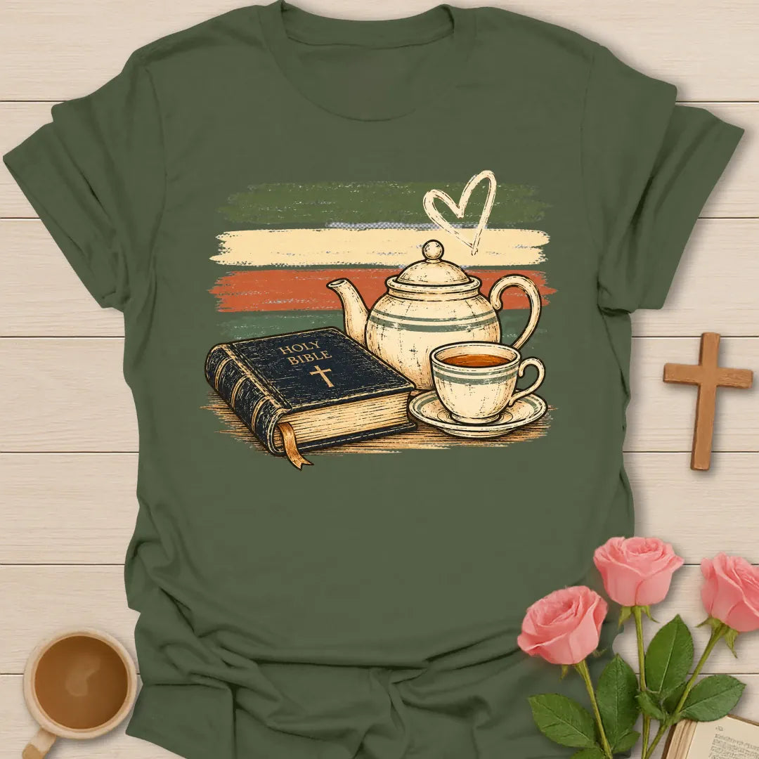 Vintage Holy Bible Tea t-shirt with a Holy Bible, a cream teapot and a cup of tea over retro green, cream and coral brushstroke stripes - Military Green
