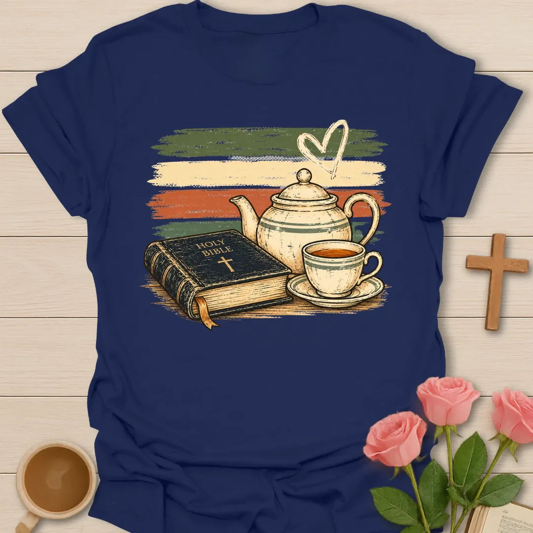 Vintage Holy Bible Tea t-shirt with a Holy Bible, a cream teapot and a cup of tea over retro green, cream and coral brushstroke stripes - Navy