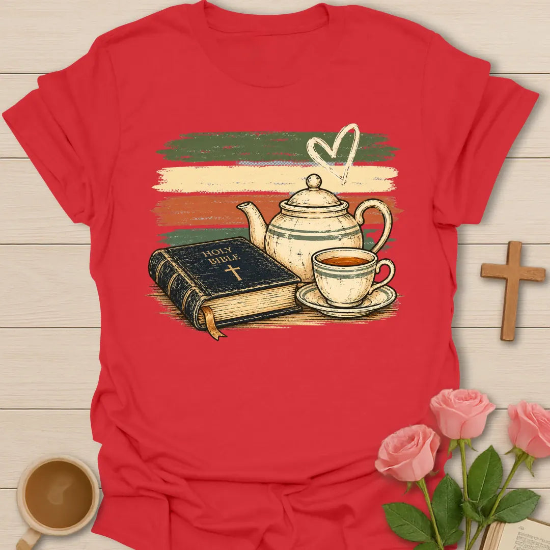 Vintage Holy Bible Tea t-shirt with a Holy Bible, a cream teapot and a cup of tea over retro green, cream and coral brushstroke stripes - Red
