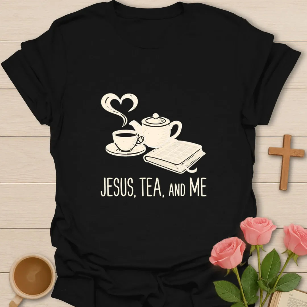 Jesus Tea and Me shirt with teapot, teacup, heart-shaped steam, open Bible, and vintage cream artwork - Black