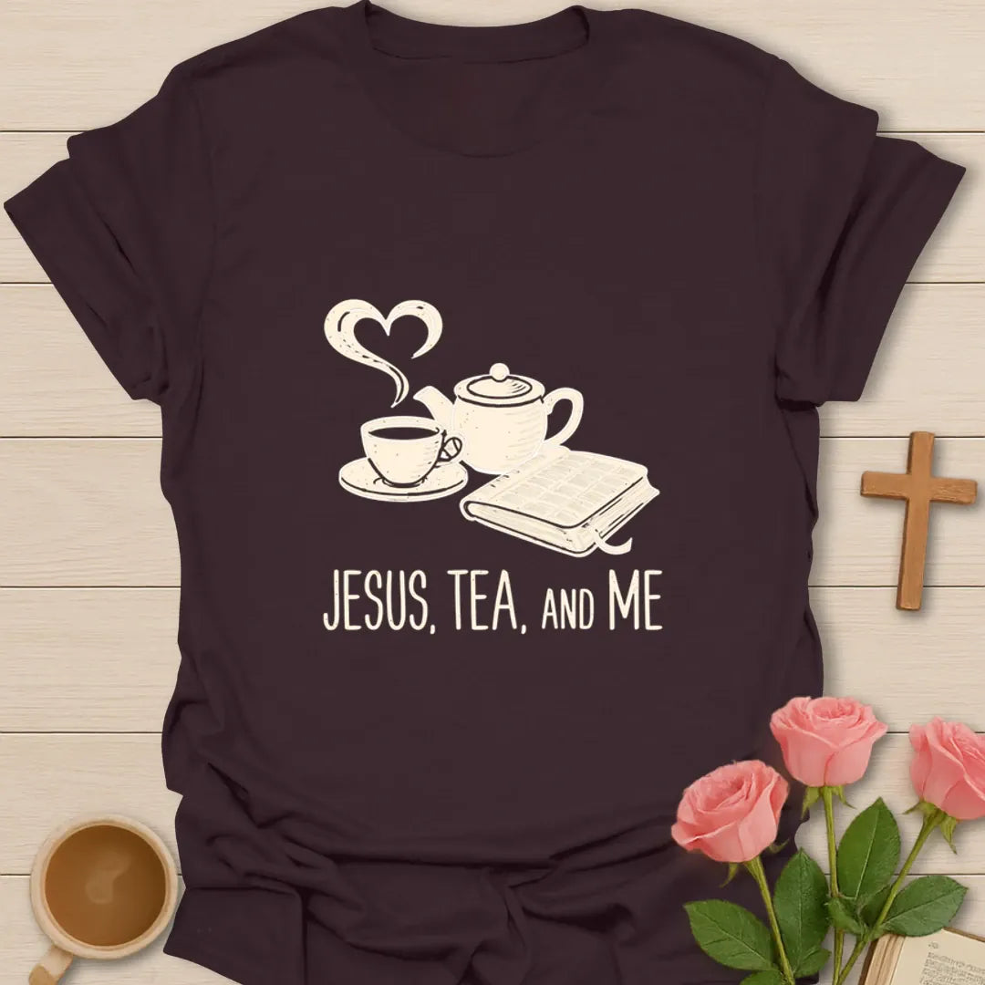 Jesus Tea and Me shirt with teapot, teacup, heart-shaped steam, open Bible, and vintage cream artwork - Dark Chocolate