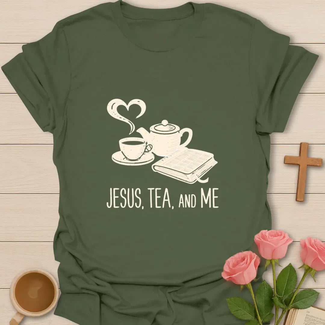 Jesus Tea and Me shirt with teapot, teacup, heart-shaped steam, open Bible, and vintage cream artwork - Military Green