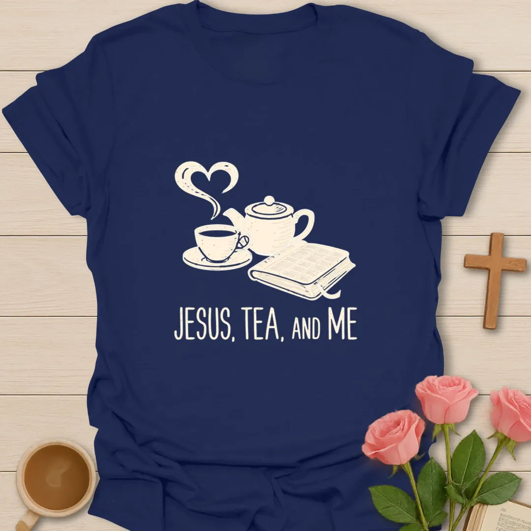 Jesus Tea and Me shirt with teapot, teacup, heart-shaped steam, open Bible, and vintage cream artwork - Navy