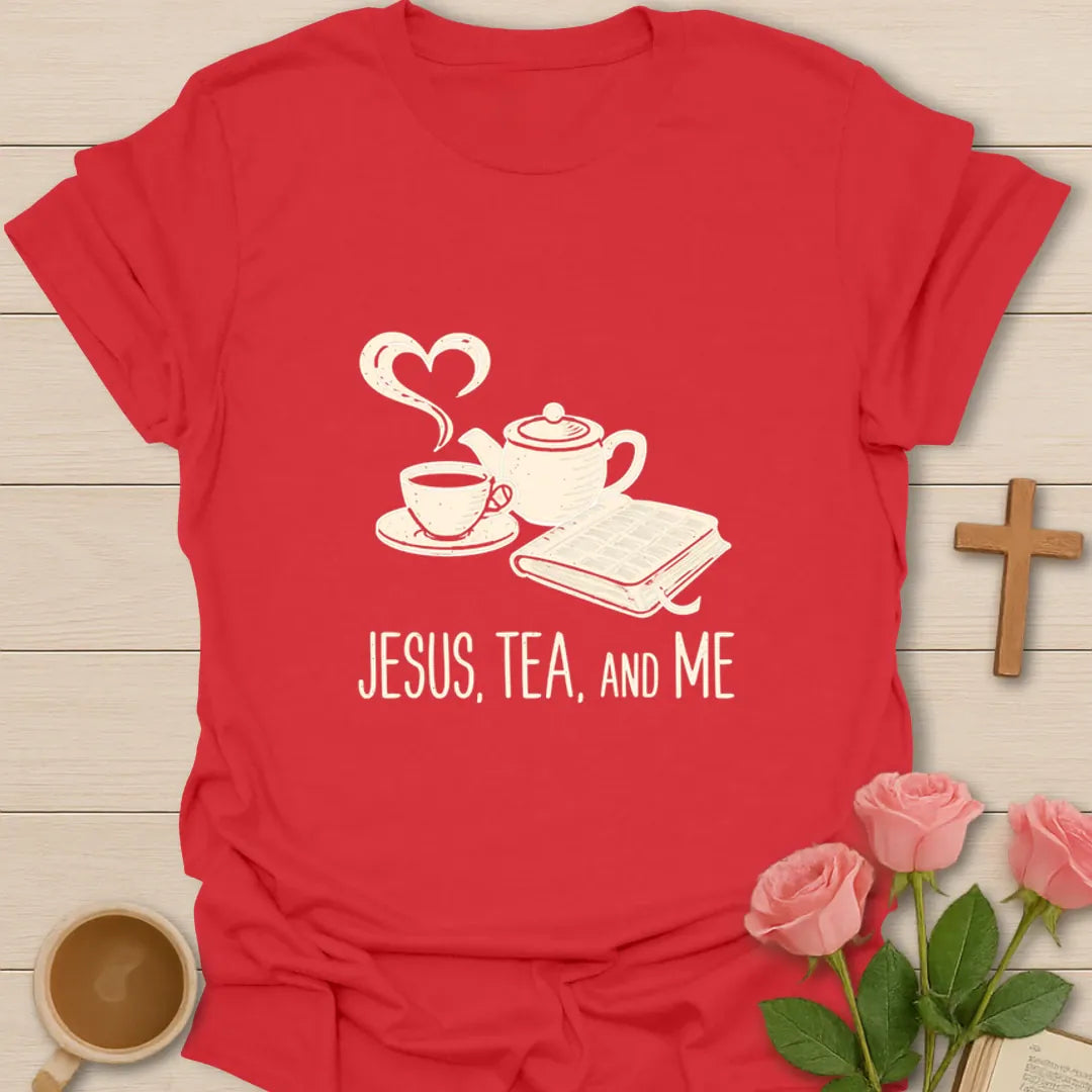 Jesus Tea and Me shirt with teapot, teacup, heart-shaped steam, open Bible, and vintage cream artwork - Red