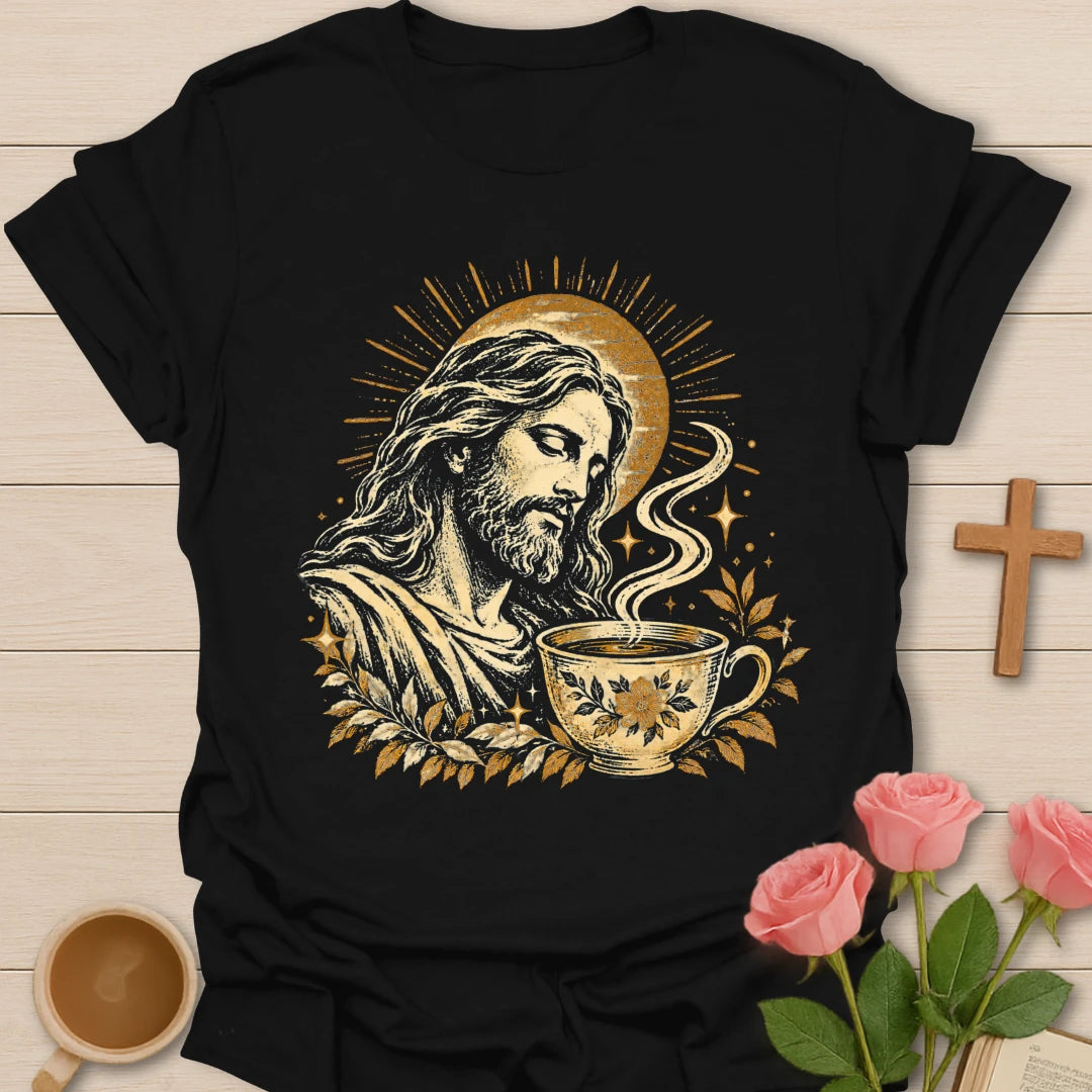 Vintage Jesus Tea Time t-shirt with a golden engraved portrait of Jesus with a sun halo beside a steaming floral teacup and leaves - Black