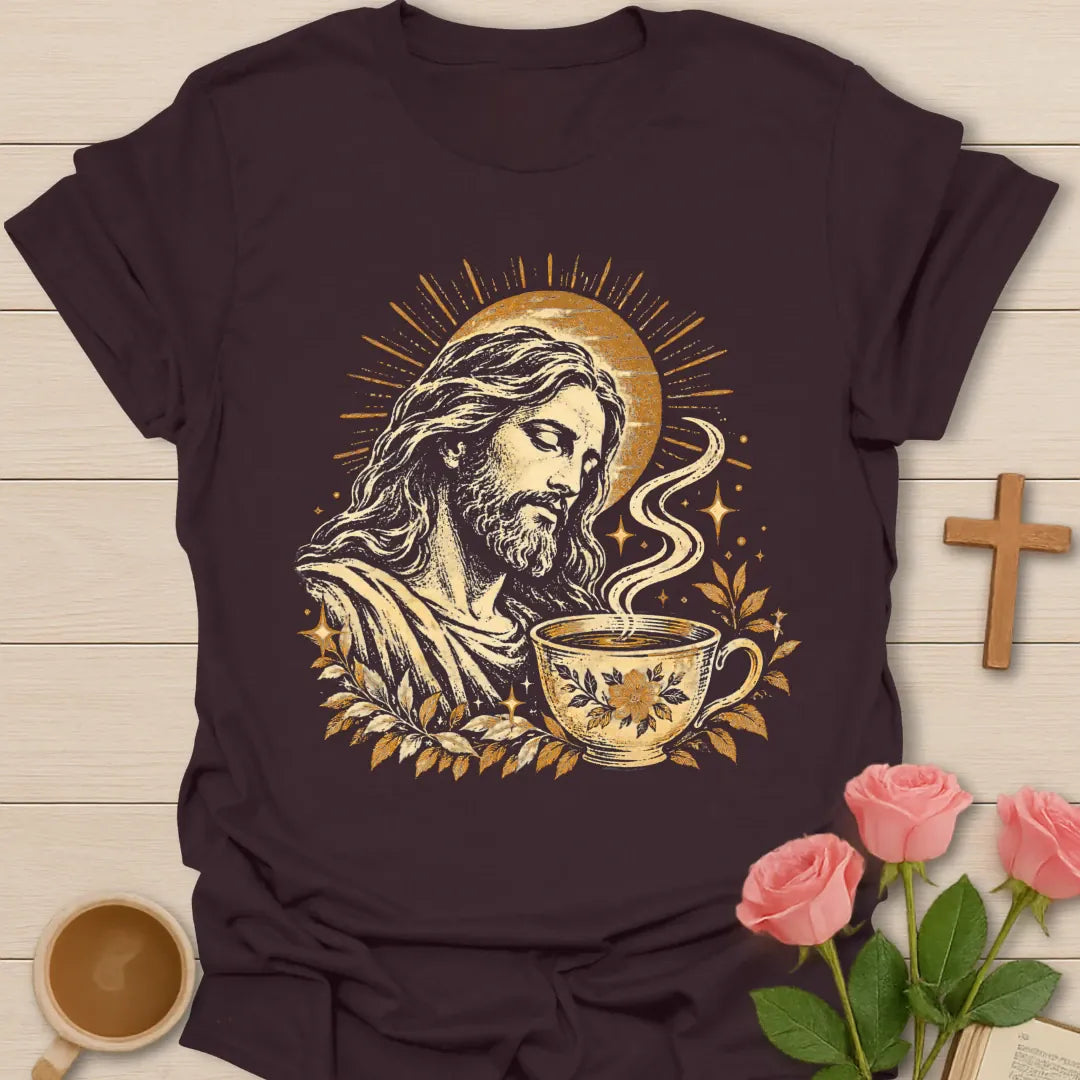 Vintage Jesus Tea Time t-shirt with a golden engraved portrait of Jesus with a sun halo beside a steaming floral teacup and leaves - Dark Chocolate