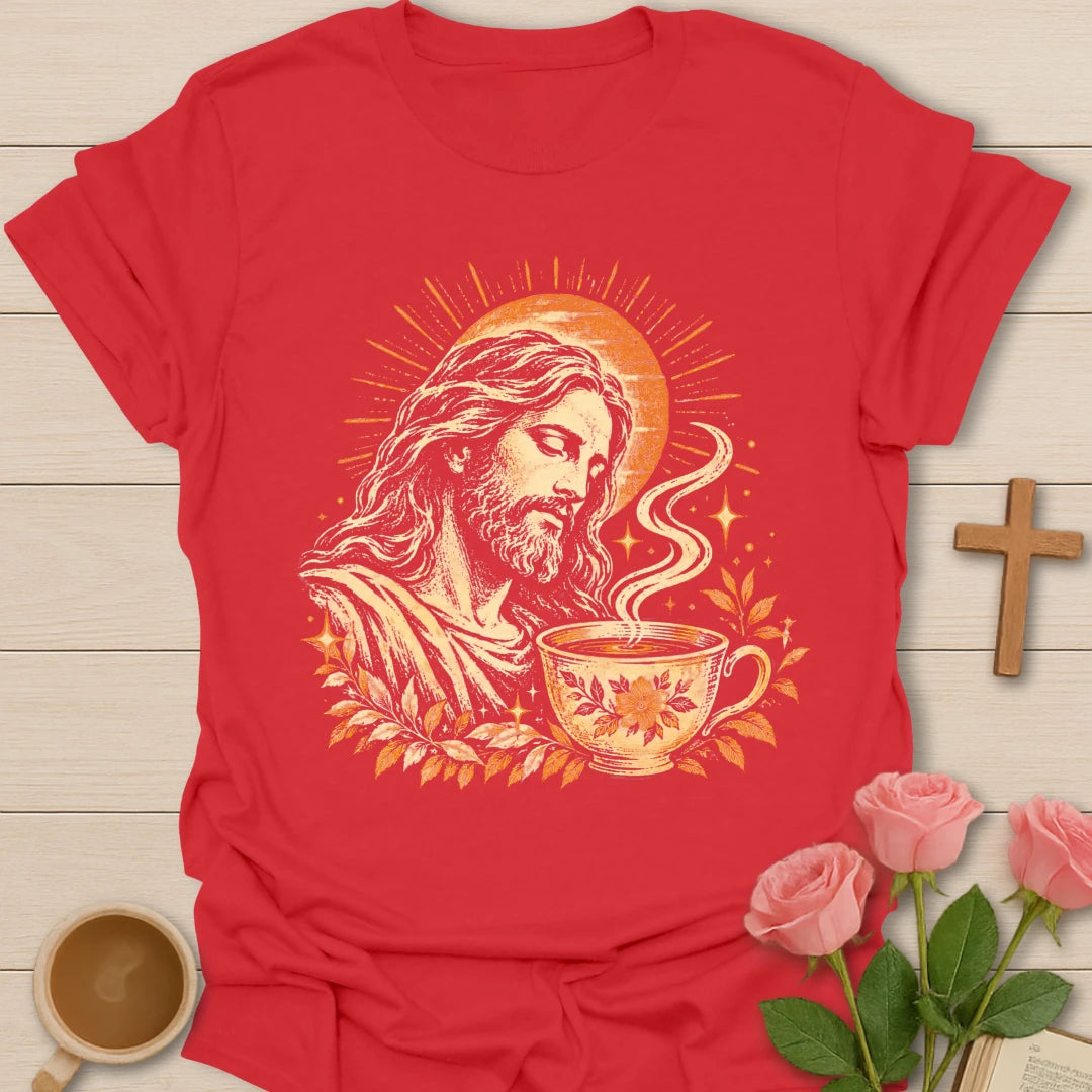 Vintage Jesus Tea Time t-shirt with a golden engraved portrait of Jesus with a sun halo beside a steaming floral teacup and leaves - Red