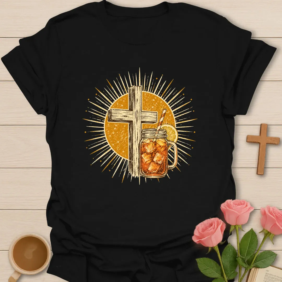 Vintage Sweet Tea Cross Sunburst t-shirt with a rustic wooden cross and a mason jar of iced tea with lemon inside a golden sunburst - Black