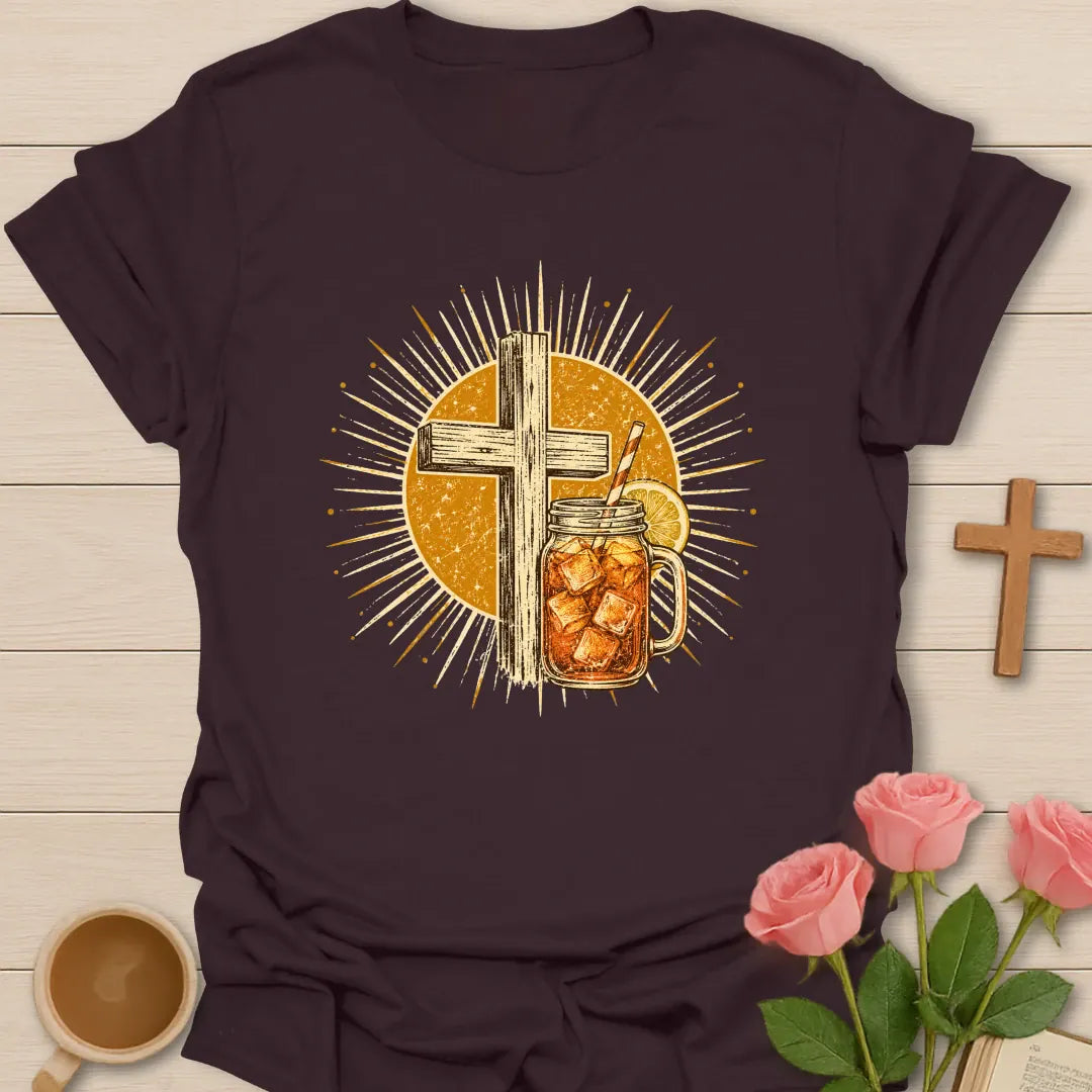 Vintage Sweet Tea Cross Sunburst t-shirt with a rustic wooden cross and a mason jar of iced tea with lemon inside a golden sunburst - Dark Chocolate