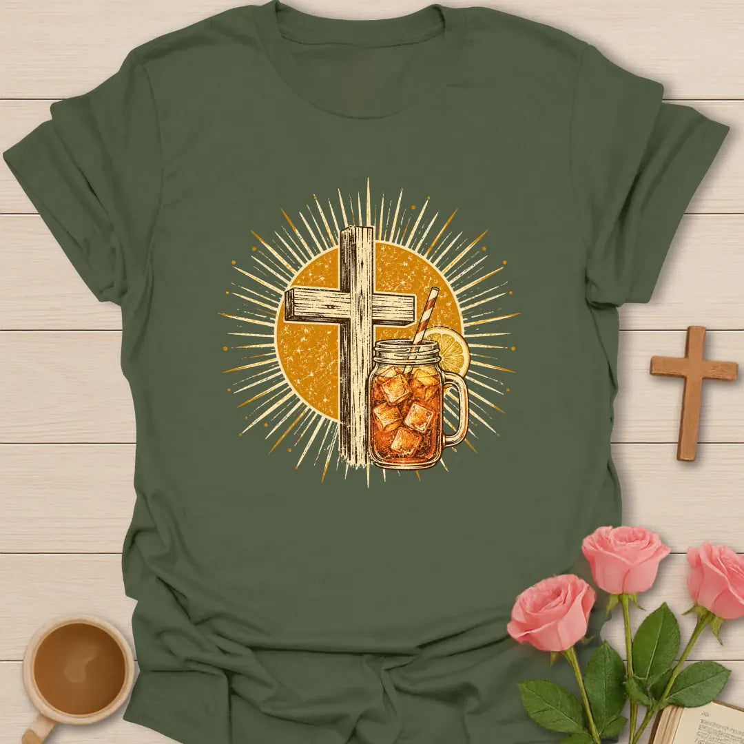 Vintage Sweet Tea Cross Sunburst t-shirt with a rustic wooden cross and a mason jar of iced tea with lemon inside a golden sunburst - Military Green