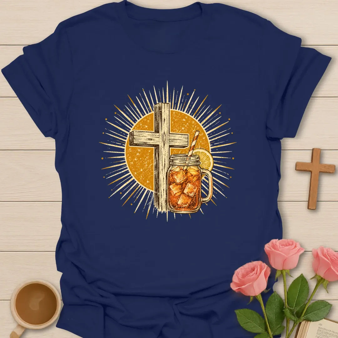 Vintage Sweet Tea Cross Sunburst t-shirt with a rustic wooden cross and a mason jar of iced tea with lemon inside a golden sunburst - Navy