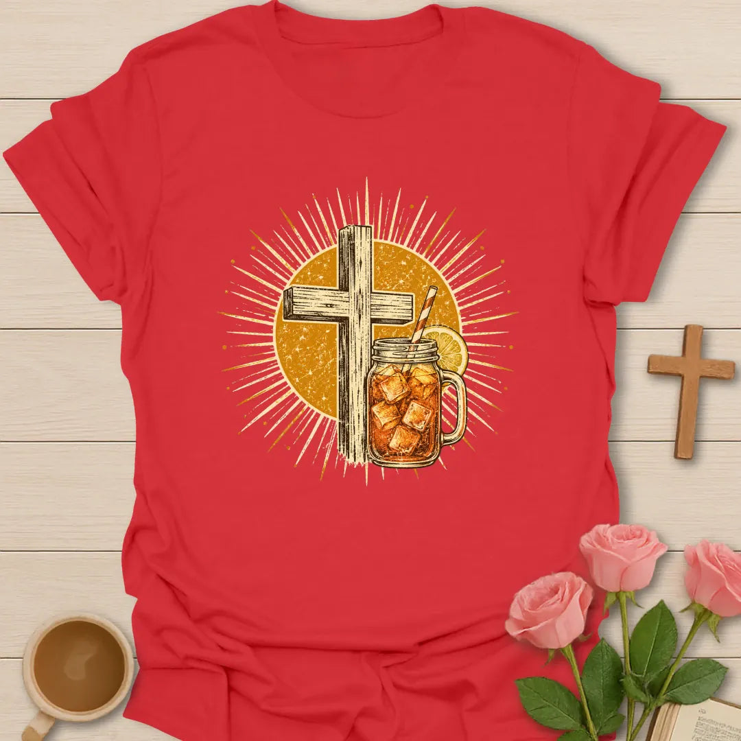 Vintage Sweet Tea Cross Sunburst t-shirt with a rustic wooden cross and a mason jar of iced tea with lemon inside a golden sunburst - Red