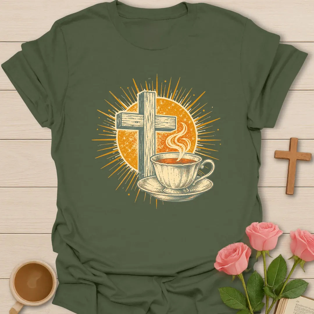 Vintage Tea Cross Sunburst t-shirt with a rustic wooden cross and a steaming teacup on a saucer inside a golden sunburst - Military Green