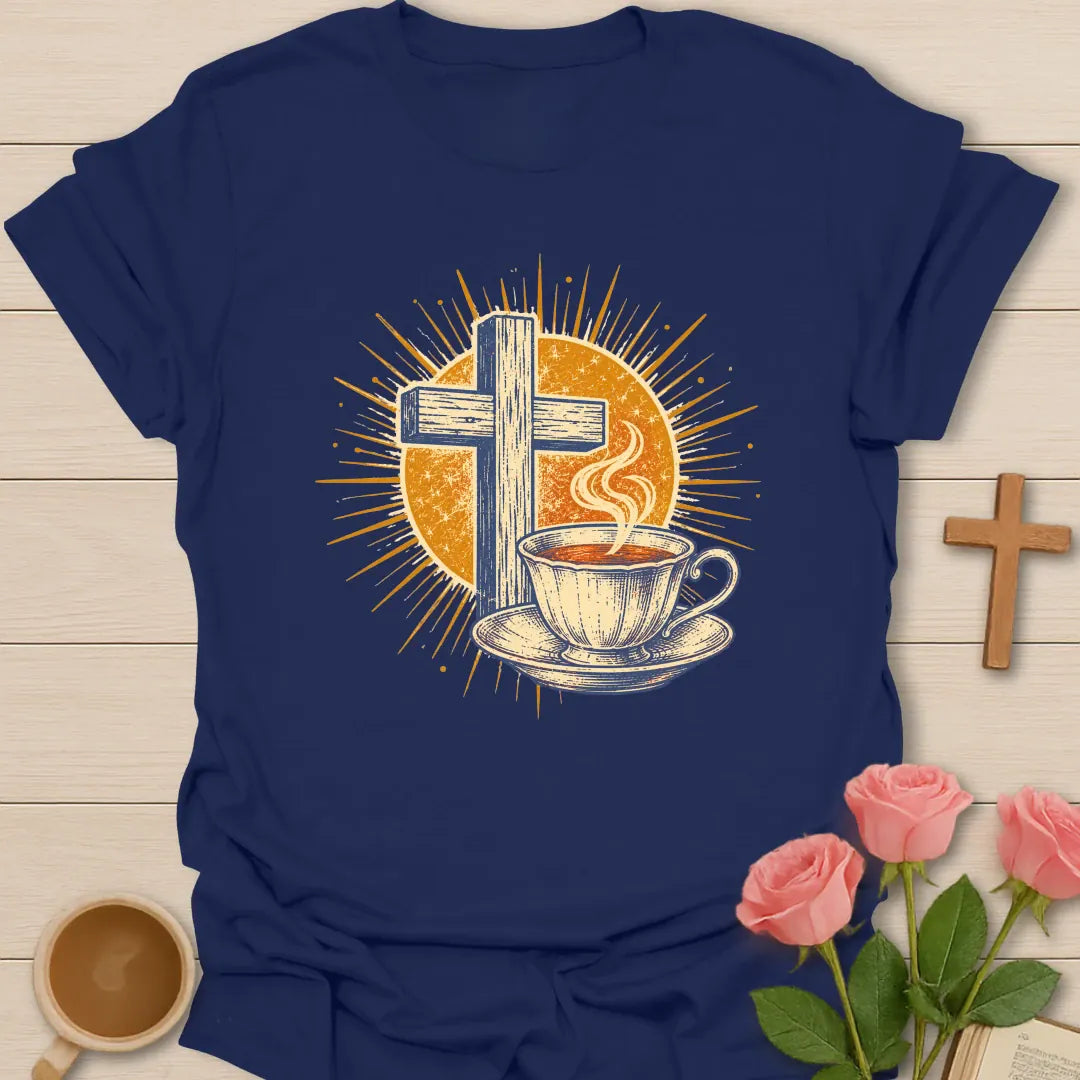 Vintage Tea Cross Sunburst t-shirt with a rustic wooden cross and a steaming teacup on a saucer inside a golden sunburst - Navy