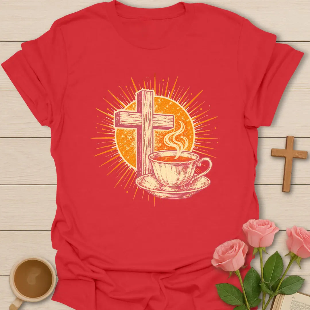 Vintage Tea Cross Sunburst t-shirt with a rustic wooden cross and a steaming teacup on a saucer inside a golden sunburst - Red