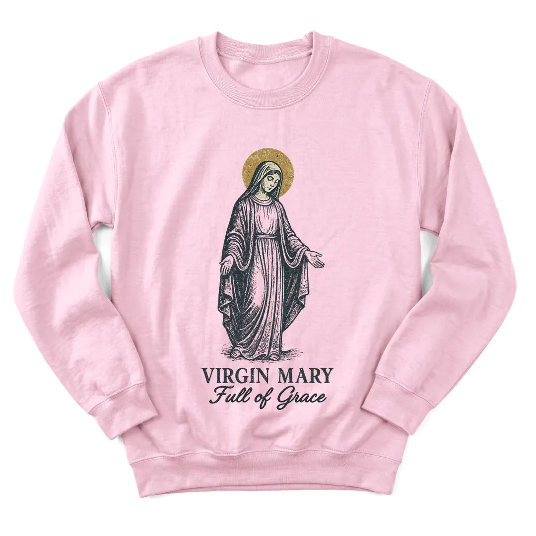 Virgin Mary Full Of Grace sweatshirt with reverent Mary illustration and Scripture - Light Pink