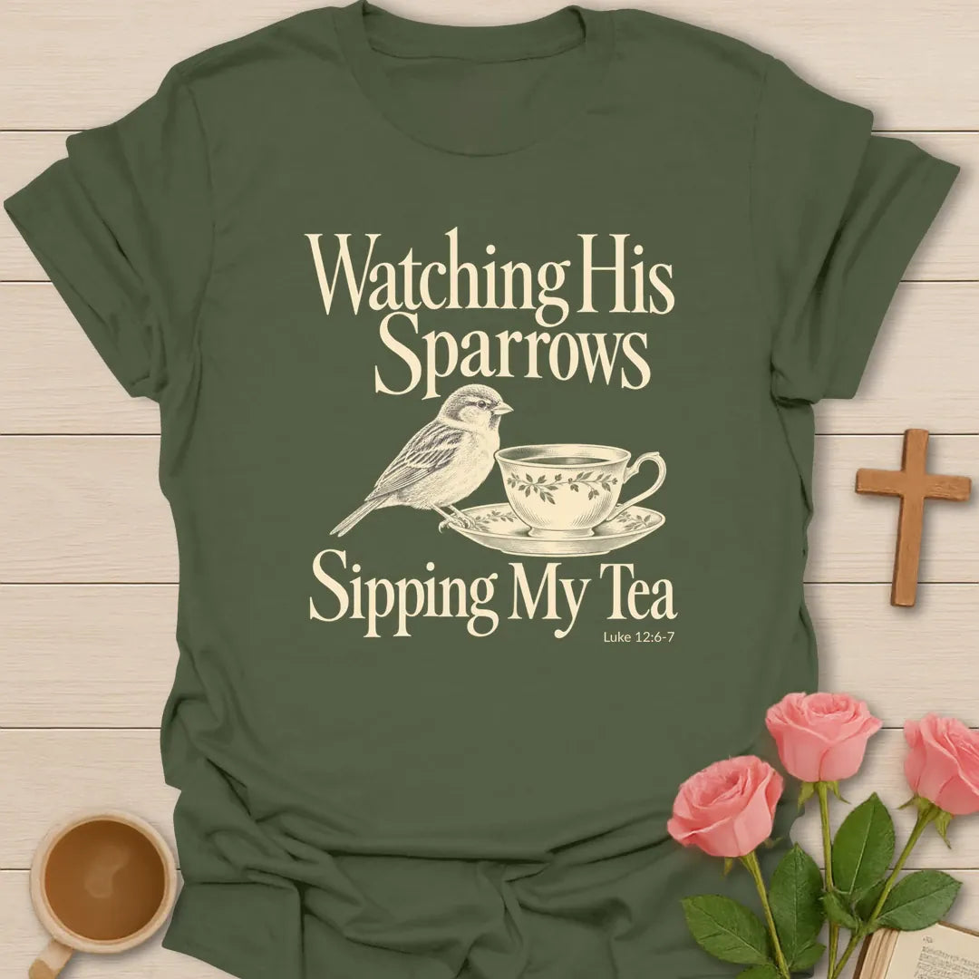 Watching His Sparrow Christian tea shirt with faith-inspired lettering design - Military Green