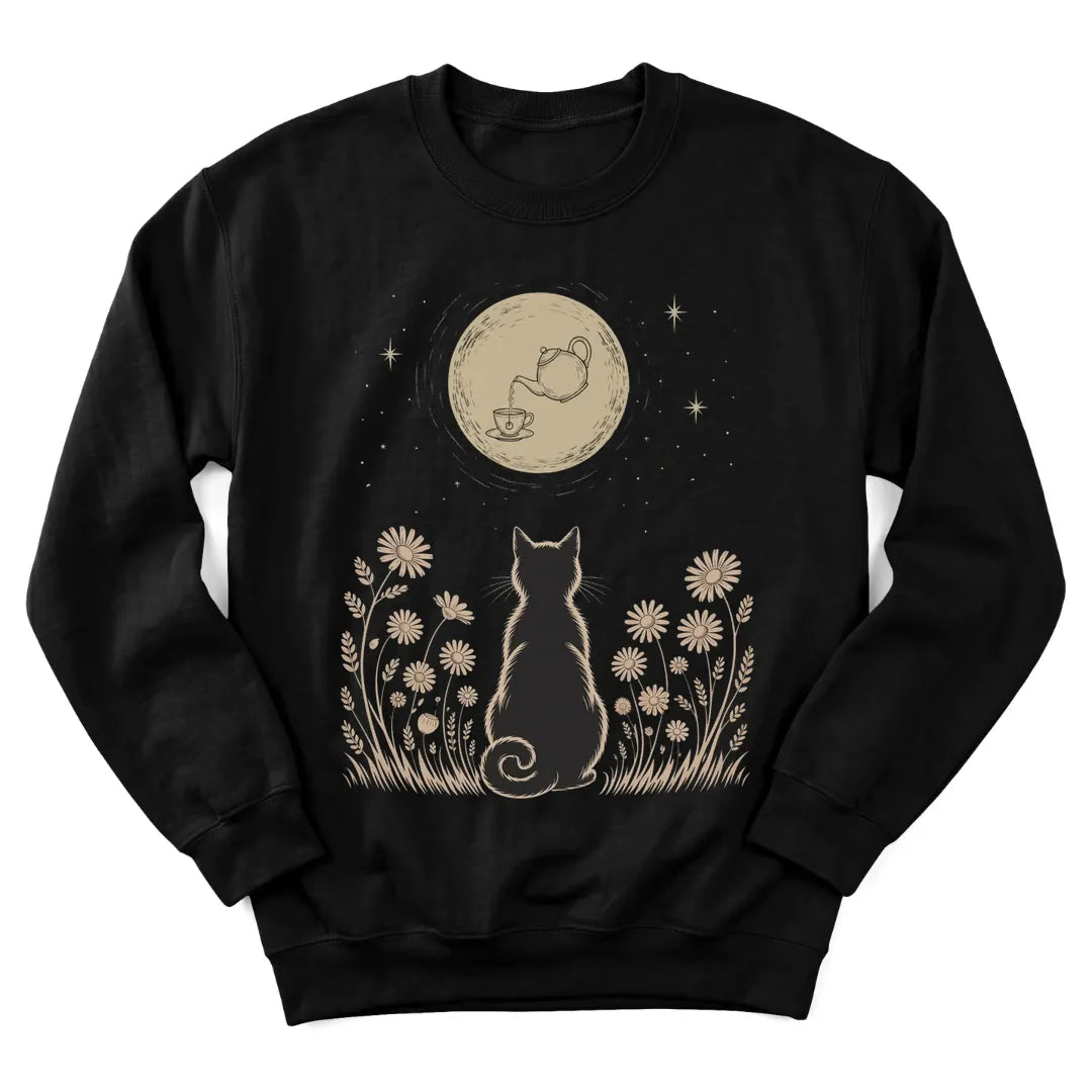 Watching Wonder Pour sweatshirt with cat under a moonlit sky and teacup - Black