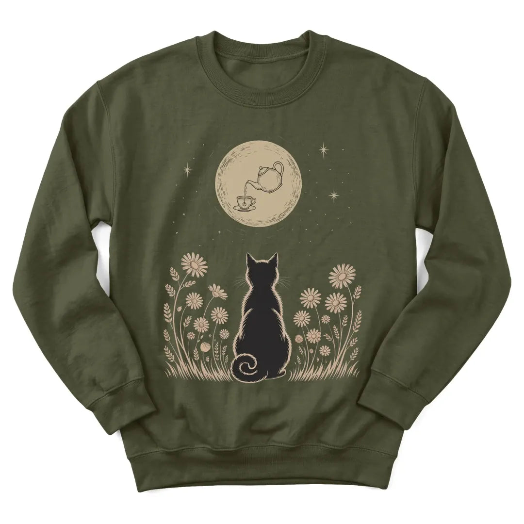 Watching Wonder Pour sweatshirt with cat under a moonlit sky and teacup - Military Green