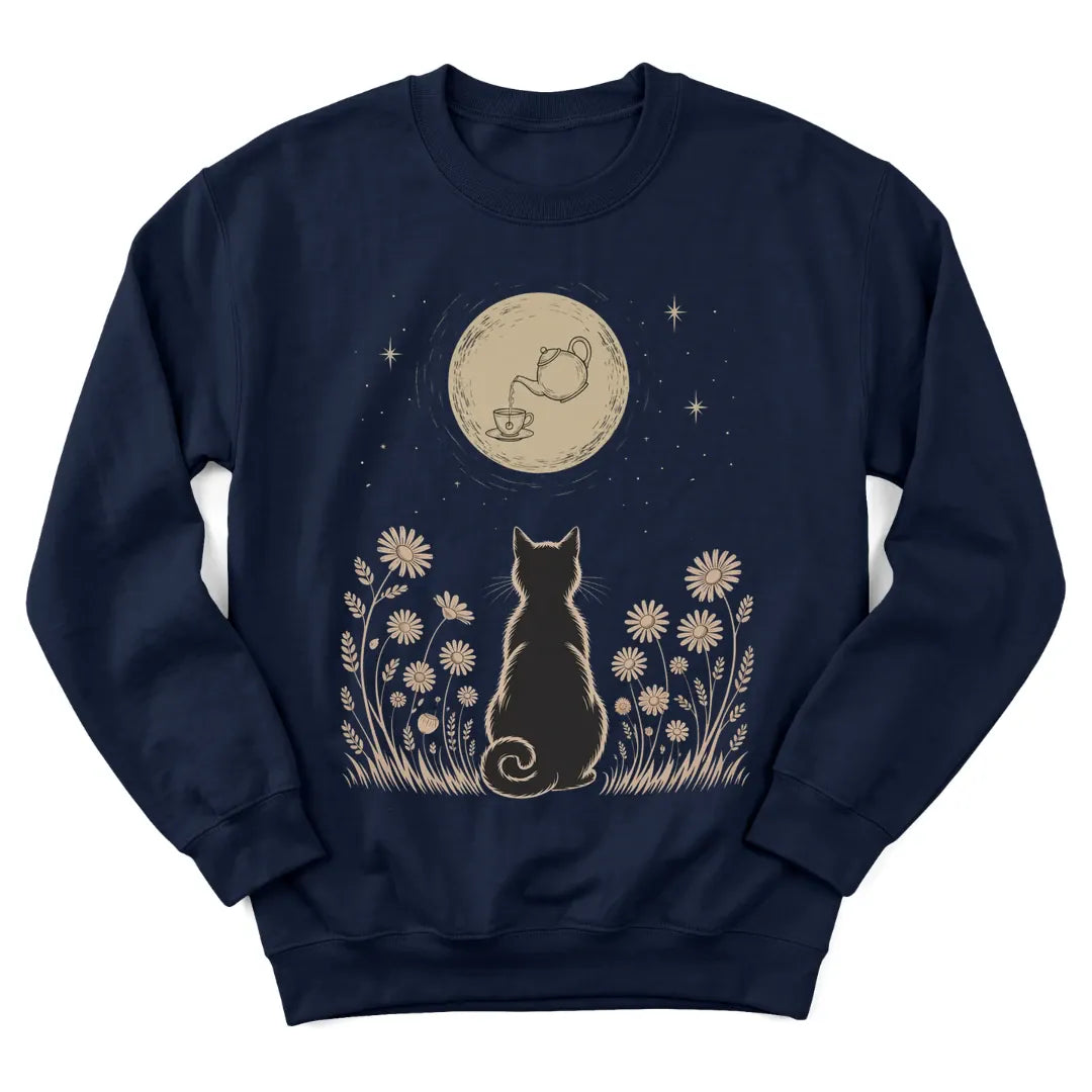 Watching Wonder Pour sweatshirt with cat under a moonlit sky and teacup - Navy
