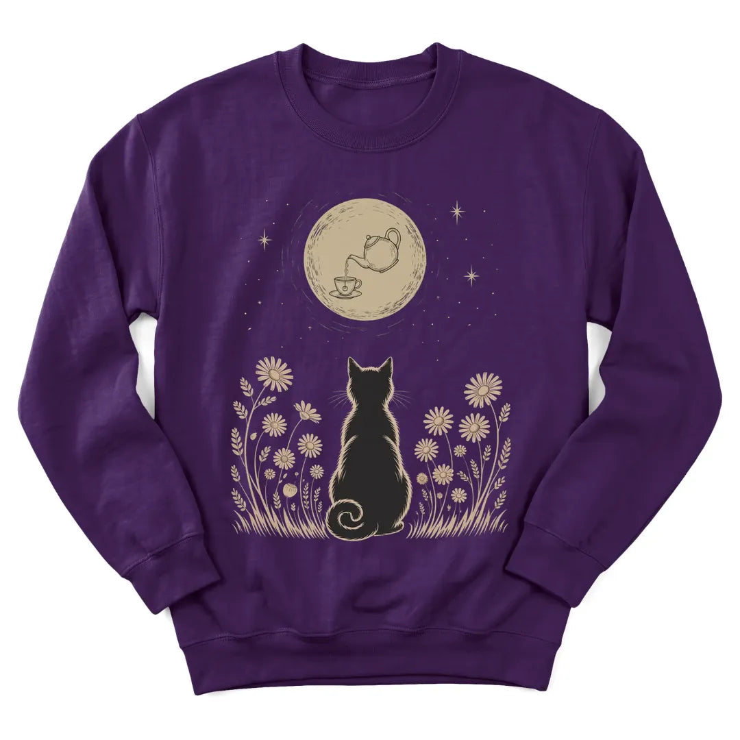 Watching Wonder Pour sweatshirt with cat under a moonlit sky and teacup - Purple