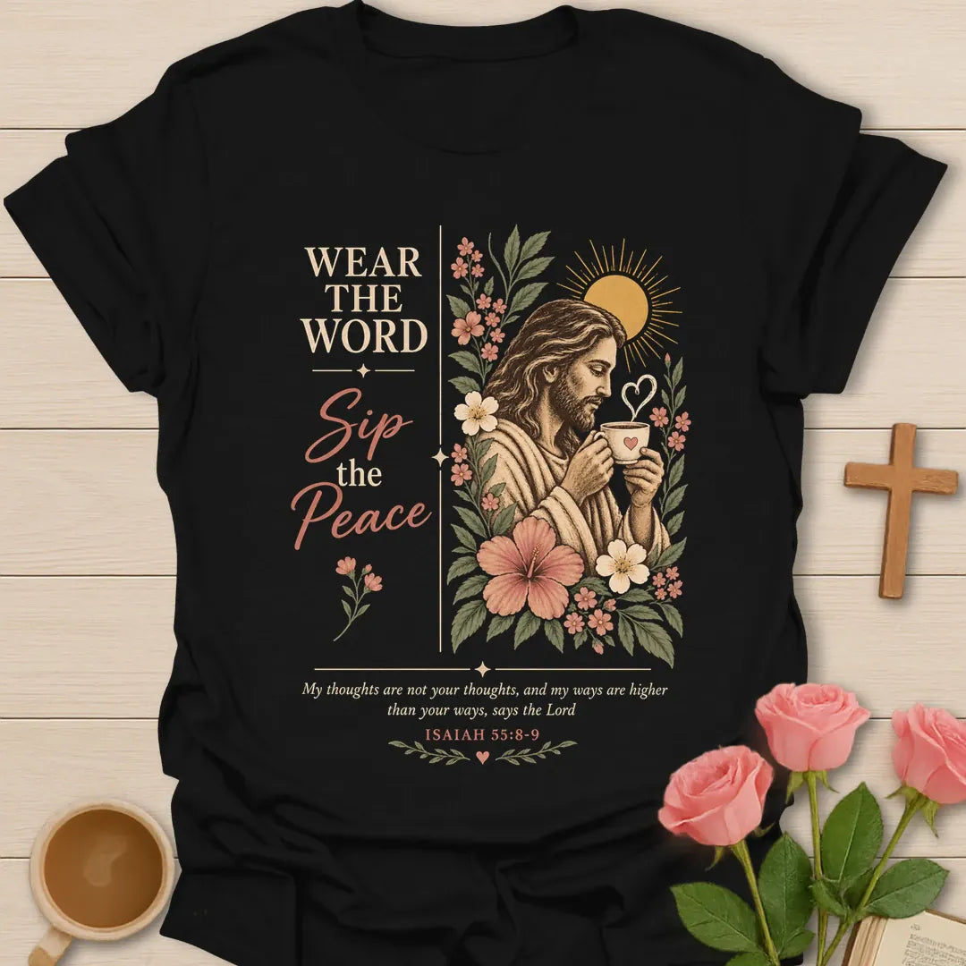 Wear The Word Christian shirt with Scripture and faith-inspired lettering. - Black