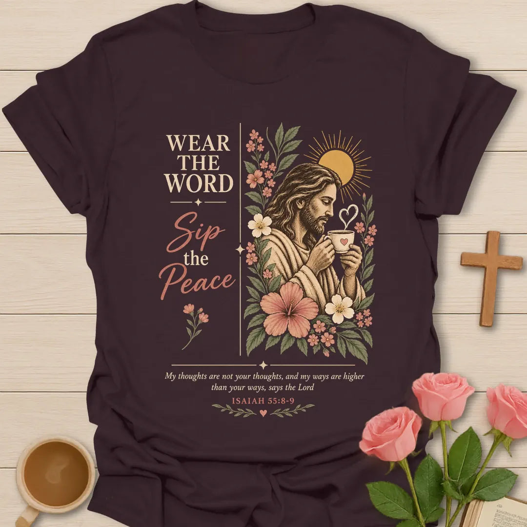 Wear The Word Christian shirt with Scripture and faith-inspired lettering. - Dark Chocolate