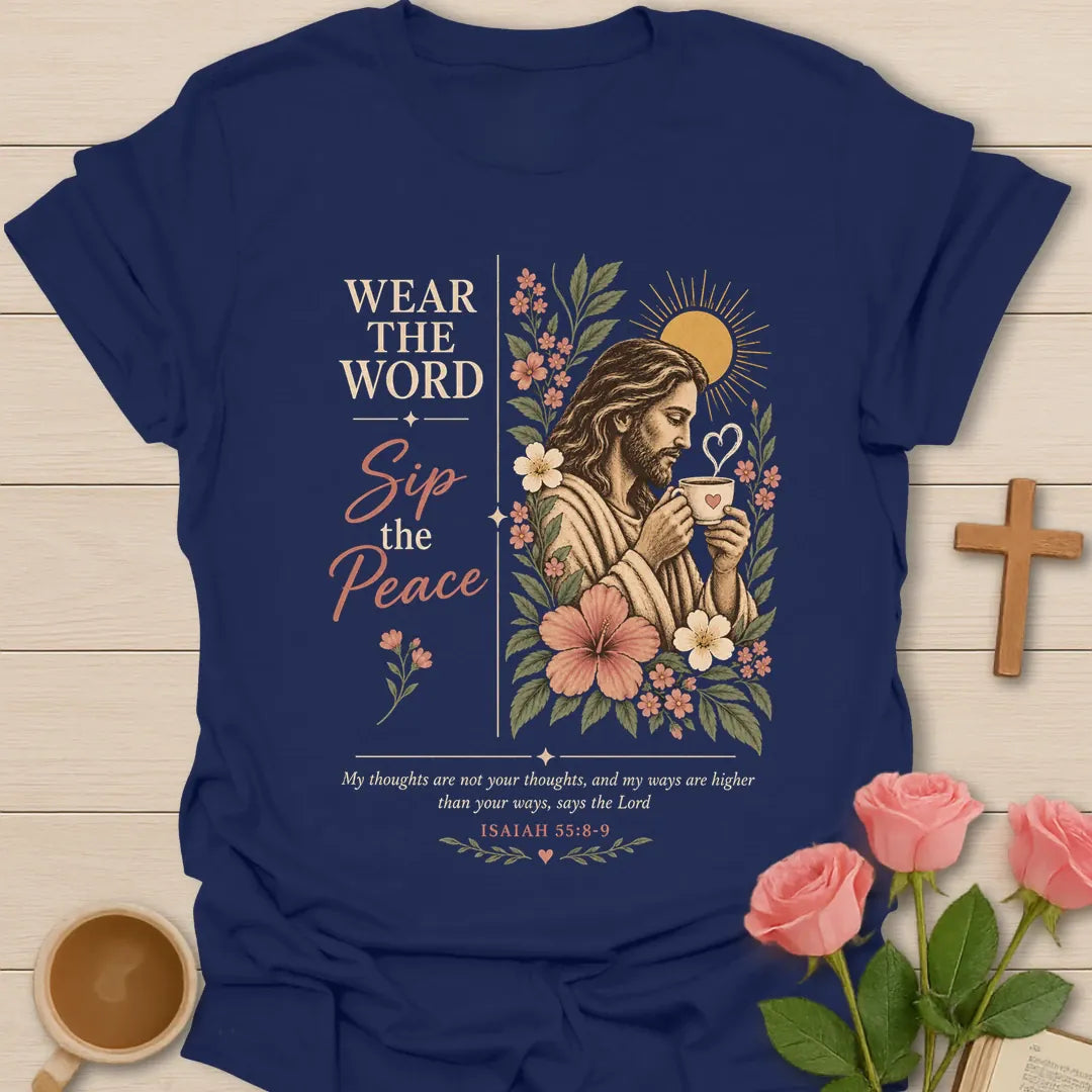 Wear The Word Christian shirt with Scripture and faith-inspired lettering. - Navy