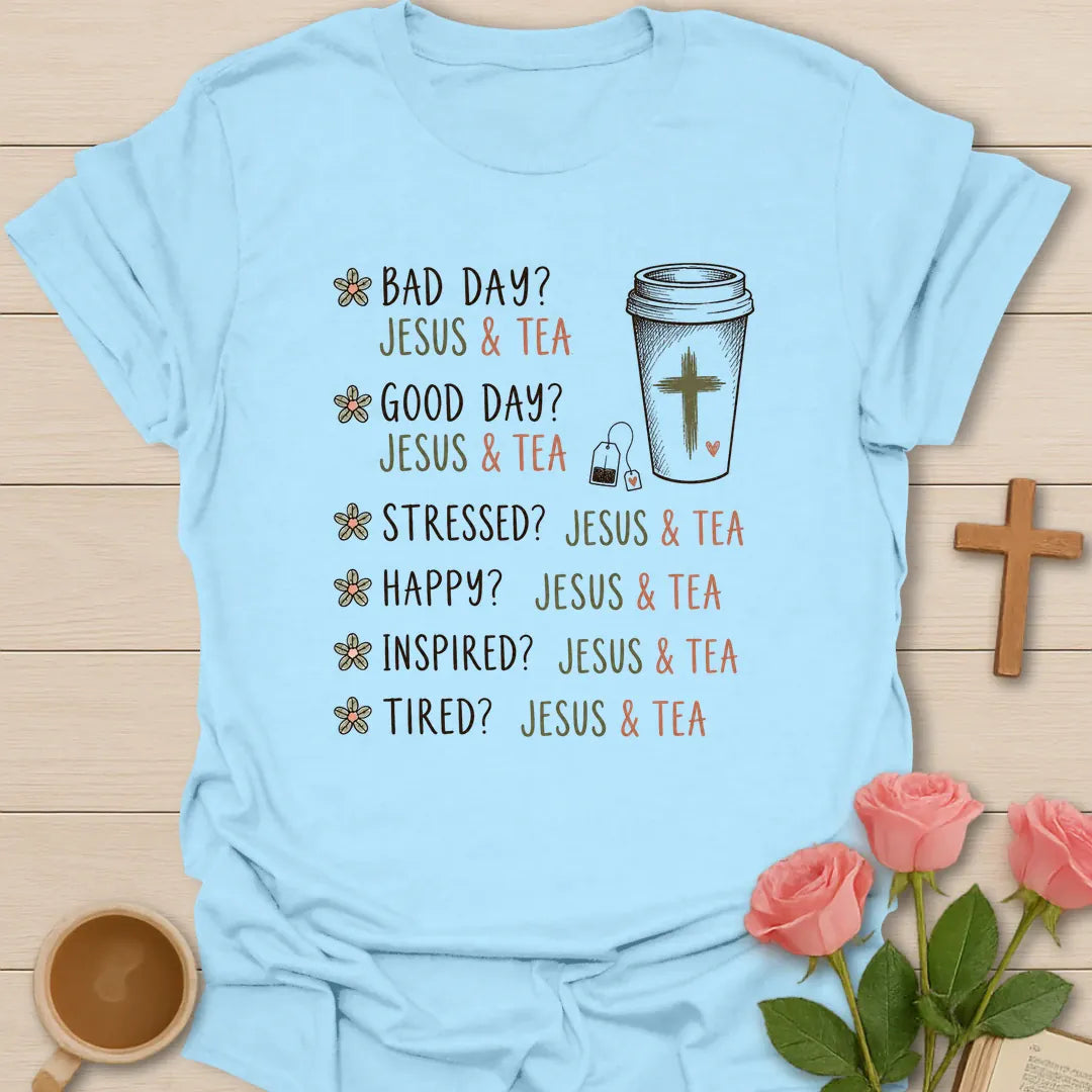 What Jesus and Tea Can Do shirt with teacup, cross, and cream vintage lettering. - Light Blue