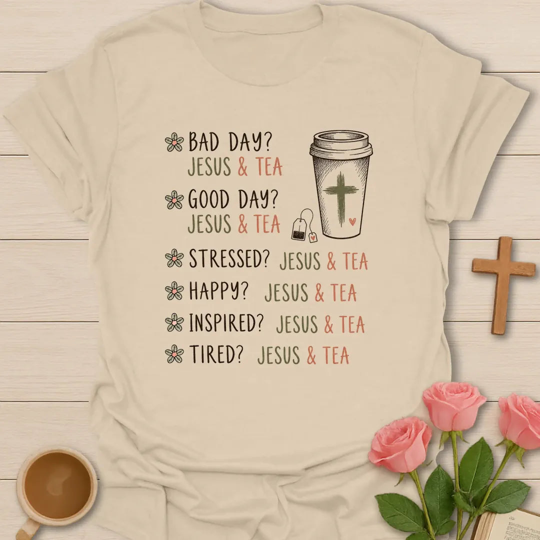 What Jesus and Tea Can Do shirt with teacup, cross, and cream vintage lettering. - Sand