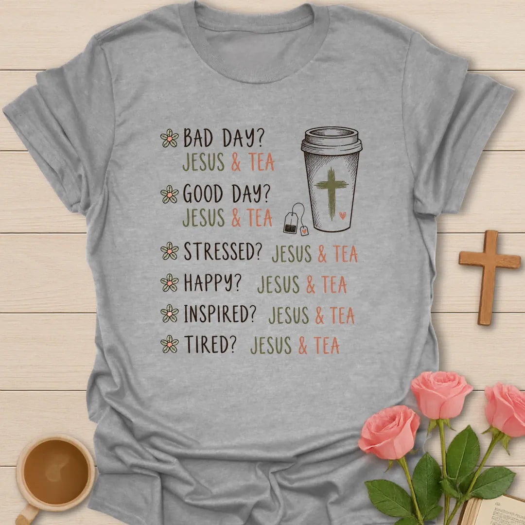 What Jesus and Tea Can Do shirt with teacup, cross, and cream vintage lettering. - Sport Grey