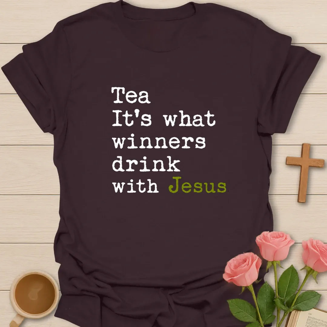 What Winners Drink With Jesus shirt with teacup, cross, and bold vintage lettering. - Dark Chocolate