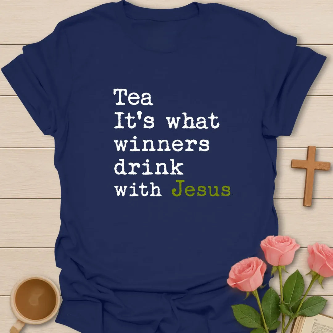 What Winners Drink With Jesus shirt with teacup, cross, and bold vintage lettering. - Navy