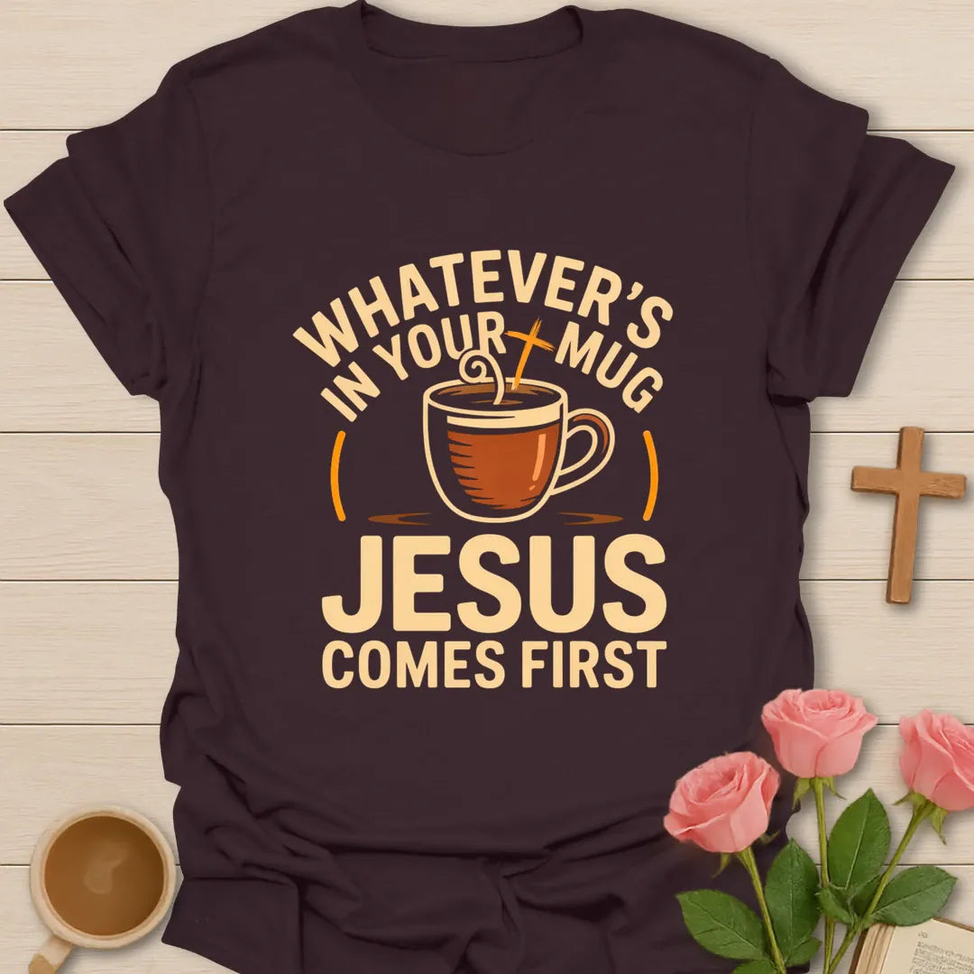Whatever's Come First t-shirt with faith-inspired lettering - Dark Chocolate