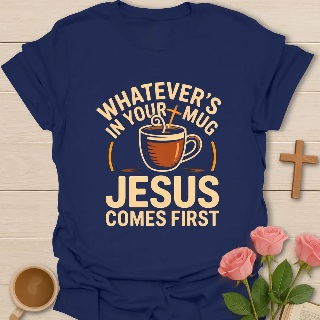Whatever's Come First t-shirt with faith-inspired lettering - Navy