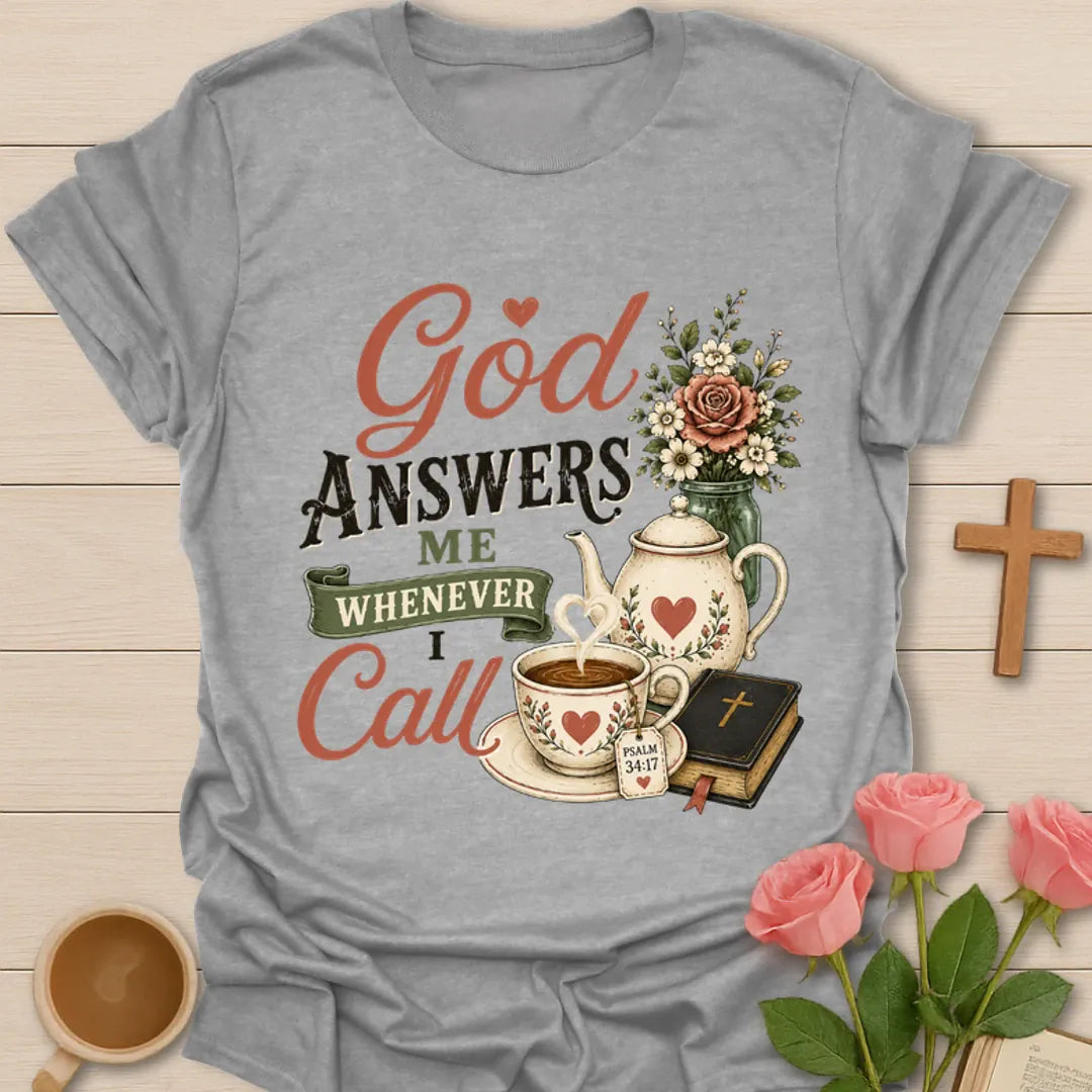 God Answers Me Whenever I Call shirt with mason jar sweet tea, flowers, Bible, cross, and vintage cream lettering. - Sport Grey