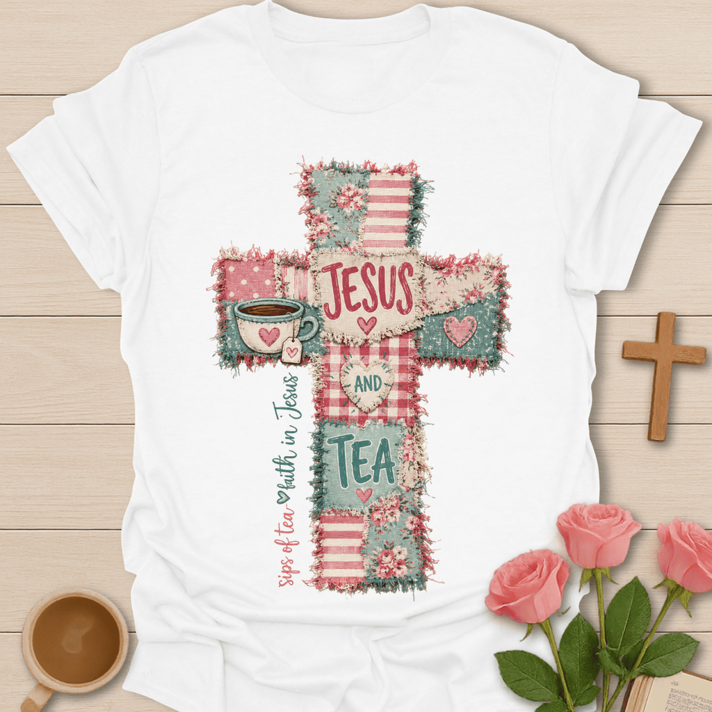 Jesus & Tea Cross Faux Patchwork T-Shirt T-Shirt