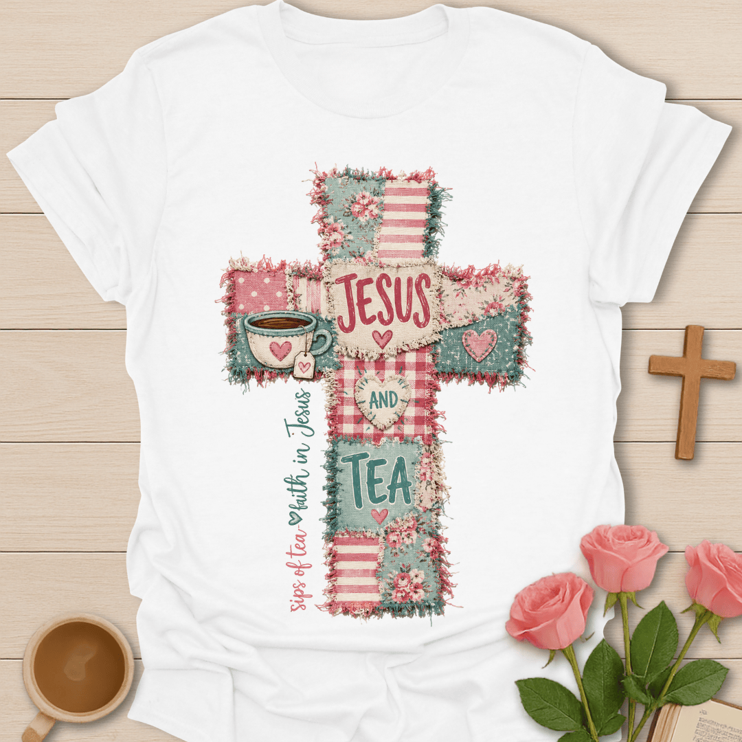 Jesus & Tea Cross Faux Patchwork T-Shirt T-Shirt